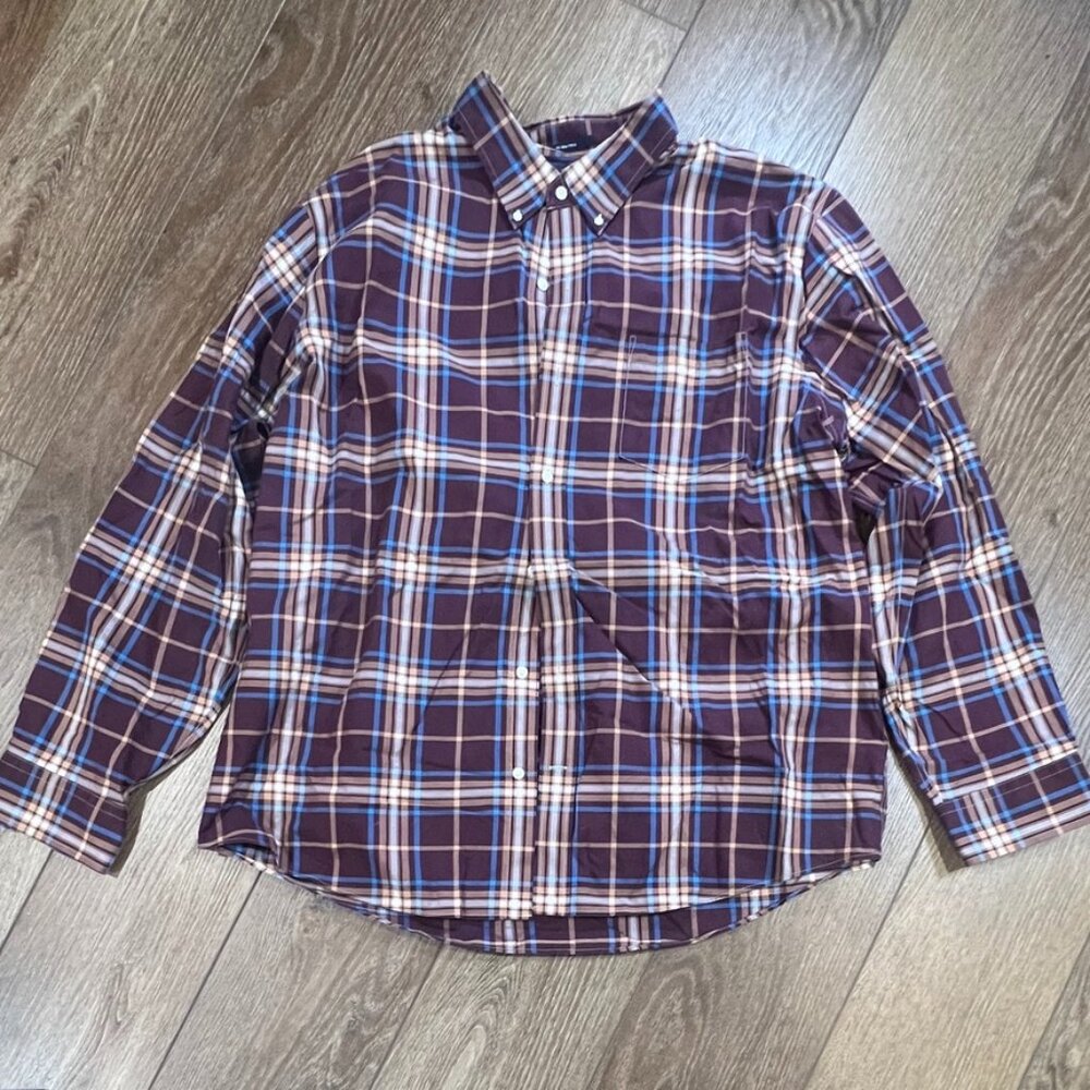 Lands End Men's No-Iron Twill Cotton Button Down Shirt Sz XL Maroon Plaid